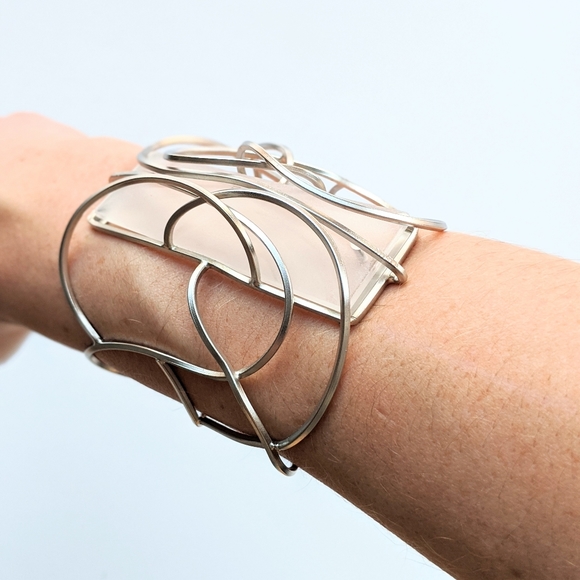 Artist-Made Silvertone Wire & Glass Cuff Bracelet - Picture 1 of 8